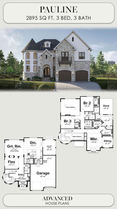 two story house plan with 3 car garages and 2 master suites in the front