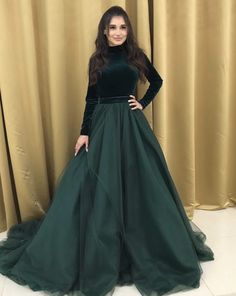 Modest Green Prom Dress, Green Prom Dress Long, डिजाइनर कपड़े, Muslim Evening Dresses, Skirt Patterns, Long Sleeve Ball Gowns, Shadi Dresses, Outfits Woman, Kurti Neck