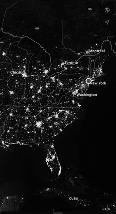 an image of the united states at night with lights in black and white from space