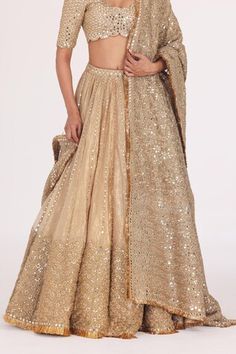 Gold, beige attached cancan lehenga with zari thread, mirror, gota embellishment in stripe pattern. Paired with cutwork embroidered padded blouse and dupatta. - Aza Fashions Abhinav Mishra, Golden Lehenga, Orange Lehenga, Gold Lehenga, Raw Silk Lehenga, Anarkali Lehenga, Grey Shades, Peplum Skirt, Bridal Lehengas