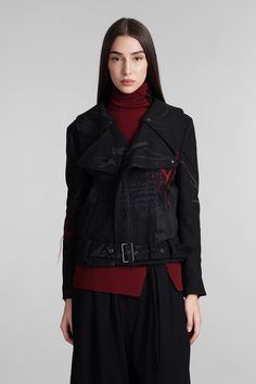 Biker jacket in black wool, large revers, long sleeves, zip closure, belt waist, embroidery on sleeve, side pockets, back embroidery, 80% wool, 10% poliestere, 5& acylic, 5% nylon, fully lined, 100% cupro, Made in Japan, Model is 180 cm and wears a size 1 Black Belted Biker Outerwear, Black Biker Outerwear With Belt, Fitted Long Sleeve Belted Biker Jacket, Winter Biker Outerwear With Belt, Winter Biker Style Belted Outerwear, Edgy Long Sleeve Belted Biker Jacket, Winter Black Belted Biker Jacket, Belted Black Biker Jacket For Spring, Spring Black Belted Biker Jacket