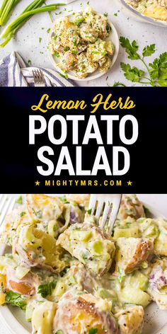 Lemon Herb Potato Salad Lemon Herb Potato Salad, Unique Potato Salad, Lemon Potato Salad, Herb Potato Salad, Starch Recipes, Potatoes Salad, Chives Recipe, Citrus Theme