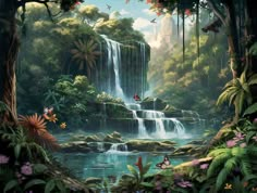 a painting of a waterfall in the middle of a forest with lots of trees and flowers