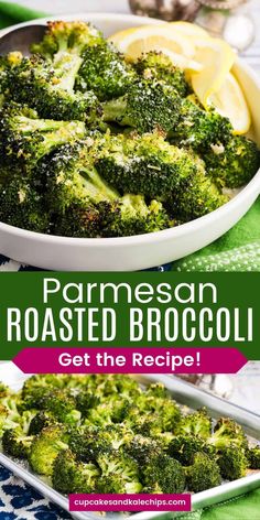 broccoli with parmesan and roasted broccoli in a white bowl