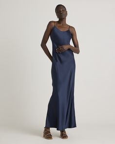 Skip the decisions and put on our 100% Washable Silk Maxi Slip Dress. Easy on the go, it makes the perfect base layer for any outfit. Crafted from best-in-class mulberry silk, this luxe layer has the same timeless silhouette as our beloved 100% Washable Silk Slip Dress, just in a longer maxi length. Buttery-soft, lightweight, and breathable, it’s great to wear all day (or night) long.  | Quince | Women's Maxi Slip Dress in Navy, Size Medium, Mulberry Silk Fitted Blue Maxi Length Slip Dress, Blue V-neck Slip Dress For Formal Occasions, Formal Blue Midi-length Slip Dress, Luxury Blue Maxi Length Slip Dress, Blue Fitted Floor-length Slip Dress, Luxurious Dresses, Maxi Slip Dress, Silk Slip Dress, Silk Slip