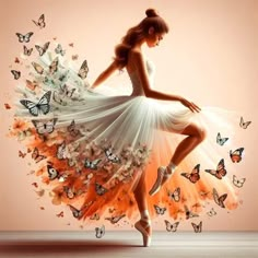 a woman in a white dress with butterflies around her and the image is made up of butterflies