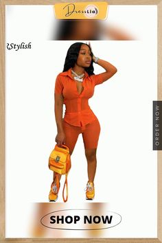 Women Summer Short Sleeve Slim Shirt Shorts Two Piece Set Casual Fitted Collared Set, Casual Orange Sets For Day Out, Orange Short Summer Tops, Yellow Short Sleeve Playwear Set, Turndown Collar, Two Piece Sets, Summer Shorts, Two Pieces, Short Pants