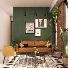 a living room filled with furniture and potted plants in front of a green wall