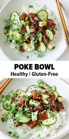 two plates filled with rice, cucumber and poke - bowl salad on top of each other