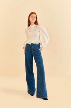 Get ready to level up your denim game with the Baggy Beaded Jeans. Its straight leg fit offers both comfort and style, while the beaded detailing adds a touch of unique sophistication. This season, step into the spotlight and let your legs do the talking.   Easy, straight leg fit; Zipper and button closure; Beaded deta Embellished Straight Leg Denim Pants, Trendy Embellished Bottoms For Fall, Spring Embellished Flare Denim Jeans, Spring Embellished Straight Leg Bottoms, Spring Embellished Flare Jeans, Casual Embellished Jeans For Fall, Embellished Straight Leg Bottoms For Spring, Casual Straight-leg Embellished Pants, Chic Embellished Denim Jeans