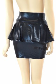 Black Mystique Metallic Bodycon Peplum Mini Skirt  -151734 Peplum Skirt, Black Peplum, Costume Store, Olive Branch, Black Metallic, Diy Clothes, Leather Skirt, Mini Skirt, Womens Skirt