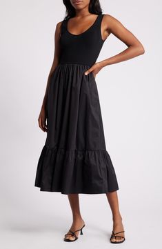 A ribbed bodice and poplin skirt bring eye-catching appeal to this midi dress fashioned in a fit-and-flare silhouette. V-neck Sleeveless 55% rayon, 45% nylon with 55% cotton, 42% nylon, 3% elastane contrast Dry clean Imported Poplin Skirt, Astr The Label, Fabric Gifts, Free Fabric, Black Fits, Nordstrom Dresses, Fit Flare Dress, Fit & Flare, Flare Dress