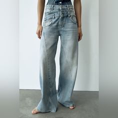 Zara Wide Leg Double Waistband Jeans Size 28 (Us 6) Self Cultivation, Wide Leg Pants Casual, Streetwear Jeans, Middle Age Fashion, Winter Pants, Denim Patterns, Vintage Belt, Long Jeans, Pants Casual