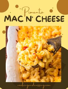 macaroni and cheese is being spooned into a casserole dish with the words, pinata mac n'cheese