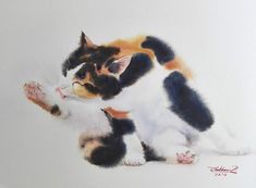 a painting of a cat sitting on the ground with its paw in it's mouth