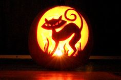 a carved pumpkin with a cat on it