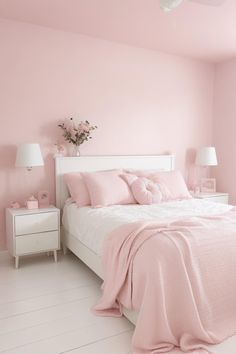 a bedroom with pink walls and white furniture