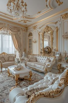 an ornate living room with white and gold furniture