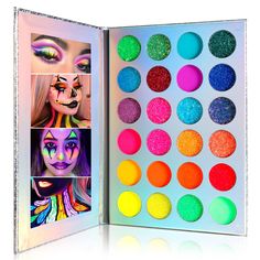 PRICES MAY VARY. 🤩【BRIGHT FLUORESCENT COLOR】:You’ll love this glow in the dark eyeshadow palette! palette comes with 5 pentagram flaky glitters can be used any blacklight/UV light to shine,5 matte and 6 glitter eye shadows glow brightly under UV (ultraviolet) lighting,and 8 normal pop colors.It can be used together to create your favorite looks. 🤩【GREAT QUALITY】:With a unique formula,this rich,highly pigmented and long lasting eyeshadow blends effortlessly offer vivid and mesmerizing color pay Fluorescent Makeup, Uv Makeup, Neon Eyeshadow, Rainbow Eyes, Dark Eyeshadow, Makeup Pallets, Glitter Rainbow, Glitter Eyeshadow Palette, Pigment Eyeshadow