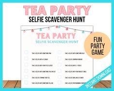 tea party selfie scavenger hunt is shown on a blue and white background