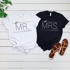 "Personalized Mr and Mrs, Custom Wifey and Hubby Shirt, Bride and Groom Est, Wife And Husband Shirts, Just Married Tshirt, Honeymoon T-shirt 📢Please Check All Photos For Details.   📢Choose Your T-Shirt Size From The Drop-Down Lists Next To The item Picture   📢Choose Of Your T-Shirt Color From The 2nd Picture   📢Use \"Add message to Seller\" link On The Checkout Page To Send me the Following important Details For Your Order's Customization.   📢Shipping Time Varies by location (we are located Matching Tshirts, Wife And Husband, Engaged Shirts, Couple Tees