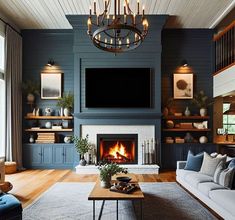 Cover Fireplace With Shiplap, Coastal Blue Fireplace, Modern Farmhouse Fireplace With Tv Shiplap, Shelves Fireplace Wall, Dark Blue Shiplap Wall, Living Room With Fireplace Paint Ideas, Hale Navy Fireplace, Blue Shiplap Fireplace, Shiplap Fireplace With Tv