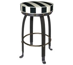 a black and white striped stool with metal barstools on an isolated white background