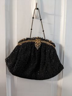 This is a beautiful vintage beaded purse.  Nicely decorated top and all the beads are tight. It has a light little handle pictured and the snap closure works great. Made in France 1920-1940s.  Size 7 inches tall by 6 inches wide. Antique Beaded Bags For Vintage Events, Antique Beaded Evening Bag, Antique Beaded Bags For Formal Occasions, Antique Beaded Evening Bag For Party, Antique Beaded Evening Bag For Formal Events, Vintage Beaded Evening Bags, Black Purse, Summer Sports, Beaded Purses