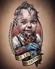 a drawing of a baby with tattoos on it's face, holding a pipe