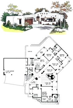 the floor plan for this southwestern style home is shown in color and black and white