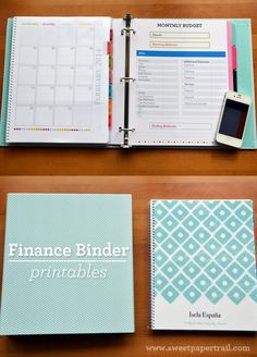 two binders, a phone and a planner on a wooden table with the words finance binder printables