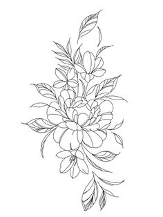 a bouquet of flowers is shown in this black and white drawing, with leaves on the stems