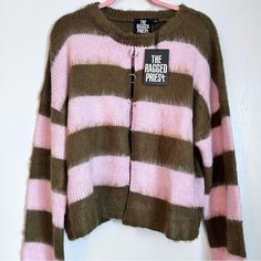 Brand New With Tags. Oversized Fit. Size Small Oversized Pink Crew Neck Cardigan, The Ragged Priest, Green Ring, Ragged Priest, Knitted Pullover Sweaters, Oversized Sweater, Pink Stripes, Pink Brown, Dolls Kill