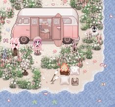 an animal crossing game with a pink van in the middle of it's yard