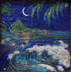 an artistic mosaic depicting waves and palm trees in the night sky with a sailboat on it