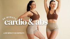 two women in high waisted shorts and bras with the words cardio & abs above them