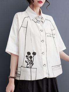 Loose Short Sleeves Contrast Color Printed Split-Joint Lapel Blouses WHITE-One_size Print Shirts Women, Shirt Blouses Women's, Fashion Tops Blouse, Loose Blouse, Loose Shorts, Fashion Seasons, Color Shorts, Drawstring Shorts, Casual Blouse