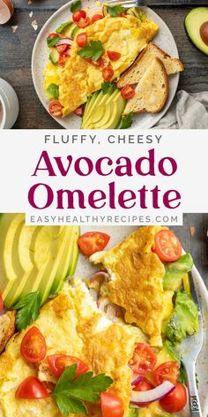 an avocado omelette with tomatoes and lettuce