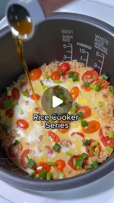 the rice cooker is filled with vegetables and sauces to make an easy meal