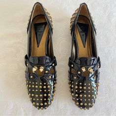 New Leather Upper And Lining Made In Italy Gold Hardware Insole 9.75" New No Defects No Trade # Studded Loafers, Black Patent Leather, Gold Hardware, Patent Leather, Leather Upper, In Italy, Loafers, Women Shoes, Italy