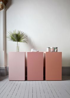 three pink boxes sitting next to each other in front of a plant on top of a wooden floor