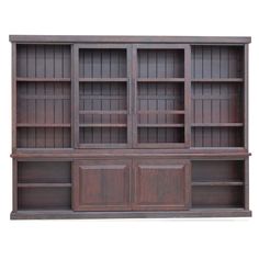 a wooden bookcase with two doors and three shelves on the front, one door open