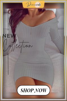 Fashion Bodycon Dress Solid Color Deep V-neck Off The Shoulder Long Sleeve Autumn Winter Dresses Winter Bodycon V-neck Dress, Winter V-neck Bodycon Dress, Trendy Winter V-neck Mini Dress, Casual Bodycon V-neck Dress, Trendy V-neck Mini Dress For Winter, Casual V-neck Bodycon Mini Dress, V-neck Winter Dresses, Chic Gray V-neck Dress, Gray V-neck Dress