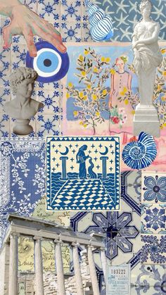 an artistic collage with blue and white tiles, statues, and other decorative items