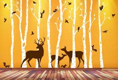 an image of deer and birds in the woods wall decal sticker on a wall