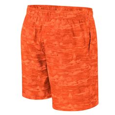 Carry your Syracuse Orange pride with you as you vacation by sporting these Colosseum Ozark swim shorts. An interior mesh lining promotes breathability, while an elastic waistband adjusts the fit to your perfect size. An eye-catching pattern adds flair to the classic Syracuse Orange graphics for a spirited poolside look. Officially licensed Imported Material: 92% Polyester/8% Spandex - Body; 100% Polyester - Liner Embroidered fabric applique Interior mesh lining Machine wash, tumble dry low Elas Summer Sports Shorts With Built-in Shorts, Casual Sports Swimwear With Built-in Shorts, Summer Beach Activewear With Built-in Shorts, Orange Nylon Sports Swimwear, Orange Swim Trunks With Elastic Waistband For Beach, Casual Moisture-wicking Short Swim Trunks, Casual Short Length Moisture-wicking Swim Trunks, Casual Sports Shorts For Beach Season, Summer Gym Athletic Shorts