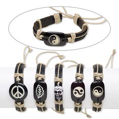 Casual and fun leather bracelets are perfect for everyday wear. Each package contains five bracelets. Designs can include yin-yang, leaf, peace sign, skull and more. Colors, shapes and sizes may vary in each lot. Leather Bracelets, Cotton Cord, Waxed Cotton, Peace Sign, Yin Yang, Black Tan, Natural Dyes, Black And Tan, Leather Bracelet