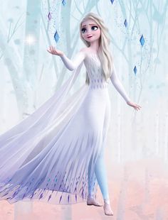 a frozen princess standing in front of trees