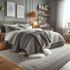 a bedroom with gray walls and white bedding in the center is an area rug that matches