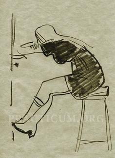 a drawing of a person sitting on a stool